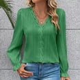 thumbnail image 1 of AXXD Women Blouses Green Basic 2024 Fall Solid Color Long Sleeve V-Neck Lace Splicing Hollow Bubble Sleeve Shirt, 1 of 6