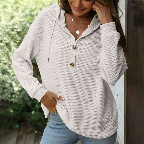 AXXD Hoodies for Women,Solid Color Knitted Pullover Button Top Hoodie