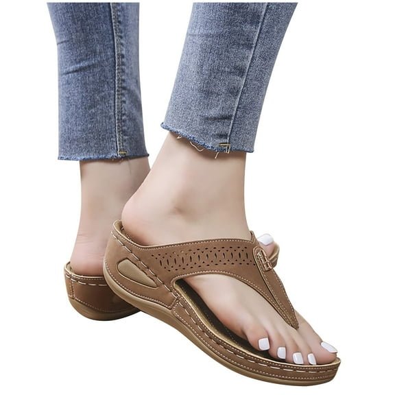 AXXD Women Brown Sandals 9 Summer Ladies Slope Heel Sandals Casual Wear Flip Flops