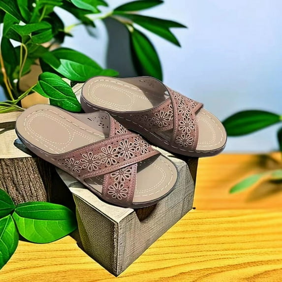 AXXD Women Brown Sandals Clearance Under $10 New Summer Sandals European American Retro Flower Casual Slope Heel Women