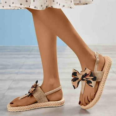 AXXD Women Brown Sandals Clearance Under $10 Summer Herringbone With Leopard Print Bow Sandals On The Sole
