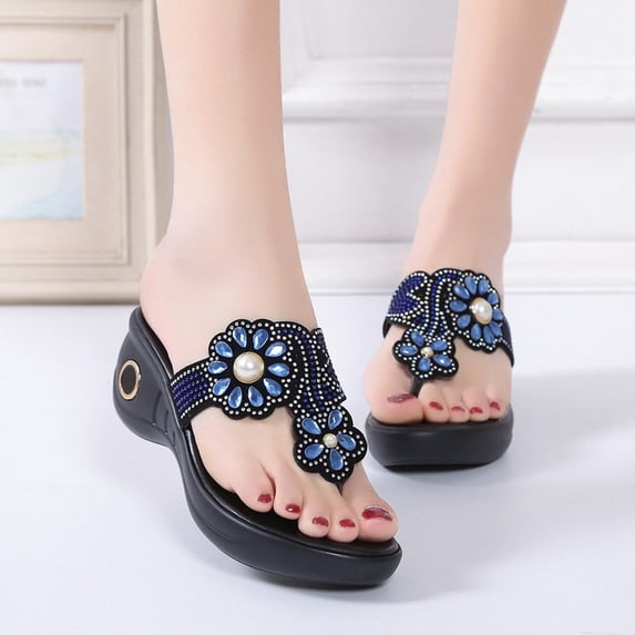 AXXD Women Dress Sandals Blue Flip Flop Wedge Summer Beach Rhinestone Boho Mothers Day