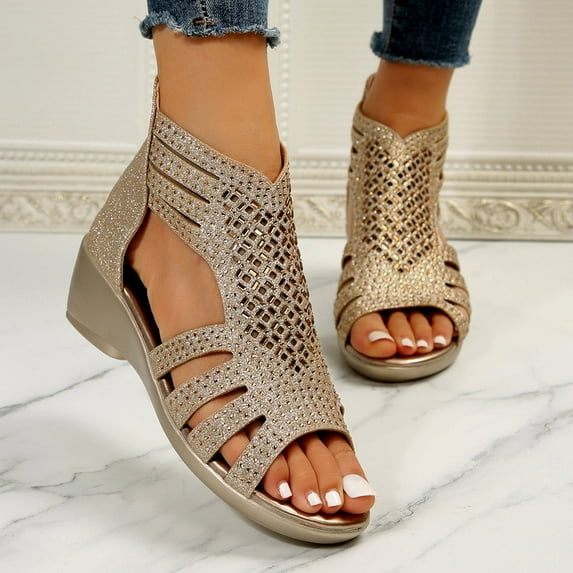 AXXD Women Gold Sandals Slope Heels Thick Soles Casual Versatile Single Shoes New Spring Summer Sandals Roman Large