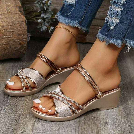 AXXD Women Gold Sandals Clearance Under $10 Summer Casual Round-toe Chunky Heel Middle Heel Rhinestone Decoration