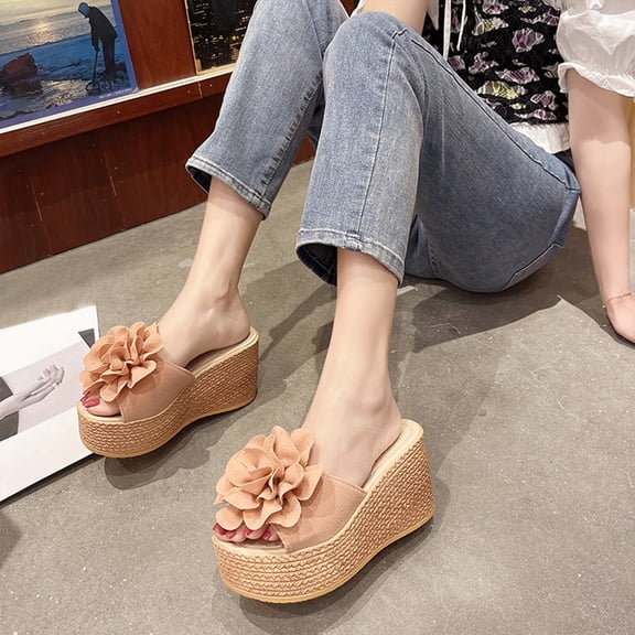 AXXD Women Pink Sandals Summer Matsu Heel Thick Sole Slope Heel Shoes Breathable Slip-on Beach Sandals