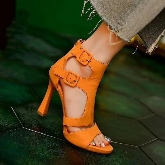 AXXD Women Sandals Clearance New Summer Hollow Out Thin Heel Shoes Buckle Peep-toe Sandals