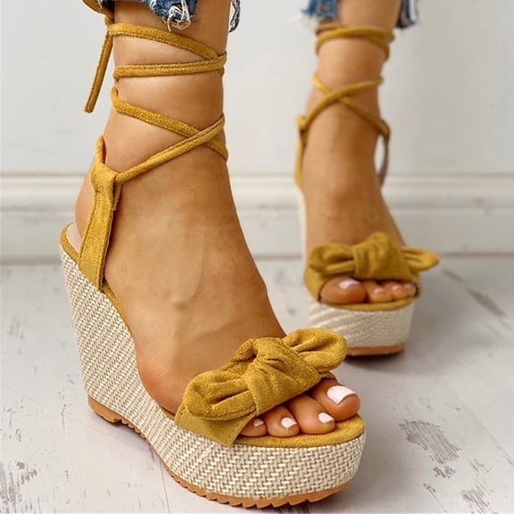 AXXD Women Sandals Summer Solid Color Bowknot Bandage Comfy Sandals Slope Heeled Beach Casual Shoes