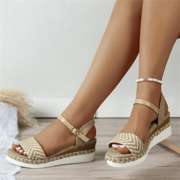 AXXD Women Sandals Summer Thick Sole Comfortable One Line Buckle Sloping Heel Sandals