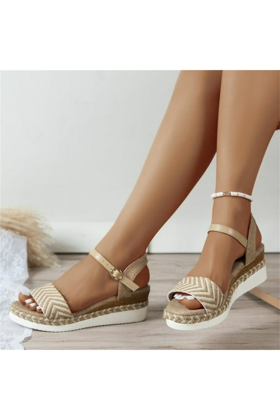 Women Sandals Summer Thick Sole Comfortable One Line Buckle Sloping Heel Sandals