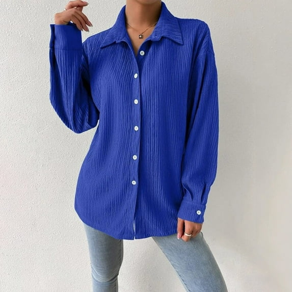 AXXD Women Shirts Blue Basic Summer 2024 Trendy Casual Long Sleeve Pocket Turndown Collar Button Shirt Tops