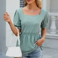 thumbnail image 1 of AXXD Women Shirts Green Basic 2024 Summer Lace Sleeve Tops Solid Short Sleeve Crew Neck Shirt, 1 of 5