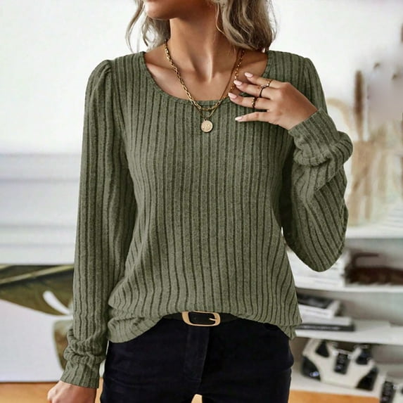 AXXD Women Shirts Green Basic Summer 2024 Loose Trendy Button Round-Neck Long Sleeve Casual T-shirt Top Solid Blouse