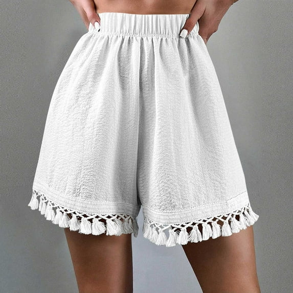AXXD Women Shorts White Summer Solid Color Pants Lace Stitching Elastic Waist Head Shorts Mother's Day