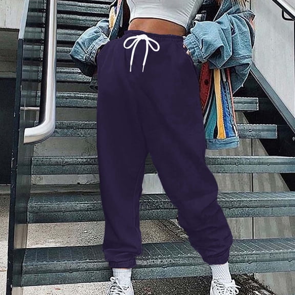 AXXD Women Sweatpants With Pockets Under $10 Dark Blue Fall Cargo Hippie Punk Trousers Streetwear Jogger Pocket Solid Loose Overalls Long Pants Valentine's Day