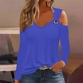thumbnail image 1 of AXXD Women Tops Trendy Blue Basic Summer 2024 Casual Solid Off Shoulder Pullover Long Sleeve Top Long Sleeve V-Neck Top/Shirt, 1 of 5