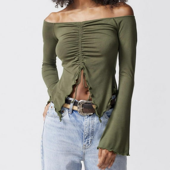 AXXD Women Tops Trendy Green 2024 Solid Color Knitted Base Two-piece Top With Wooden Ear Flared Sleeves Sexy Off The Shoulder Long Sleeved T-shirt Top