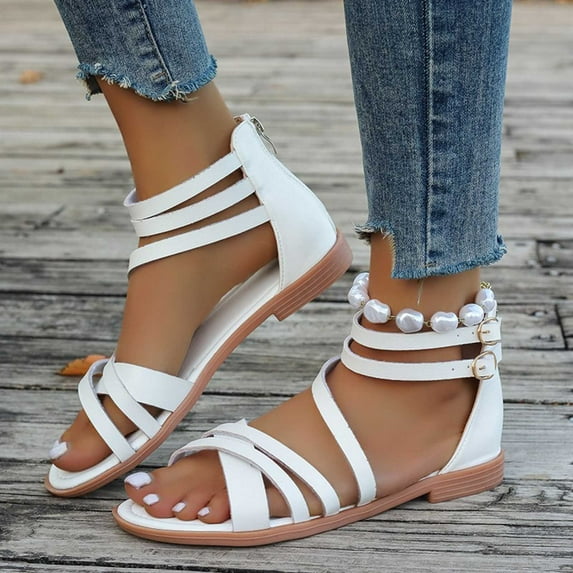 AXXD Women White Sandals Clearance 7.5 Summer New Plus-size Casual Flat Thin Thick Strap Beach Roman Sandals
