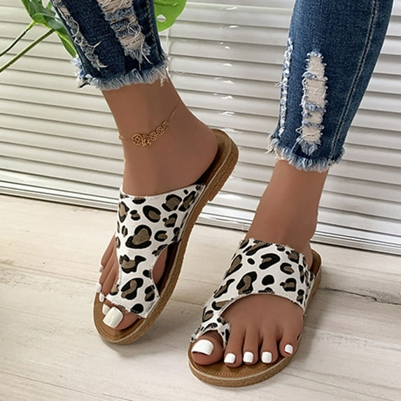 AXXD Women White Sandals 8 Summer Flip-flop Leopard Toe Flat Beach Sandals