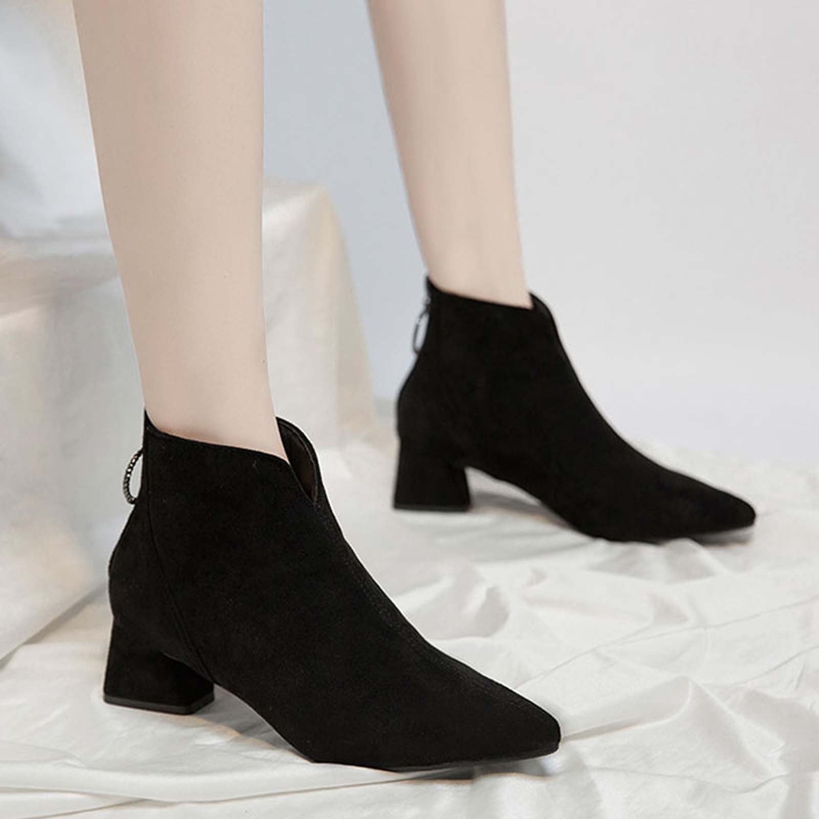 AXXD Women's Chunky Zip Solid Color Pointy Toe Middle-Heels Boots Women's Casual Boots Christmas On Black Size 40(US:7)