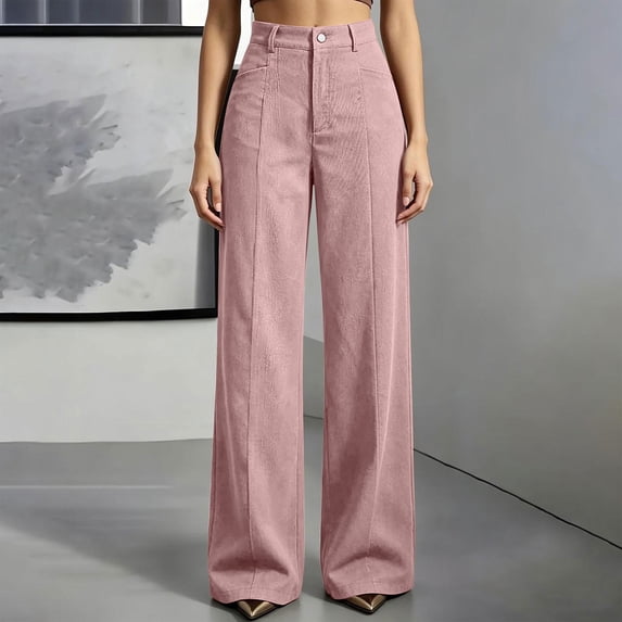 AXXD Women's Corduroy Straight Fit Pants High Waisted Wide Leg Casual Trousers with Pockets