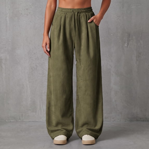 AXXD Women's Corduroy Wide Leg Pants Elastic Waist Drawstring Relaxed Fit Everyday Pants
