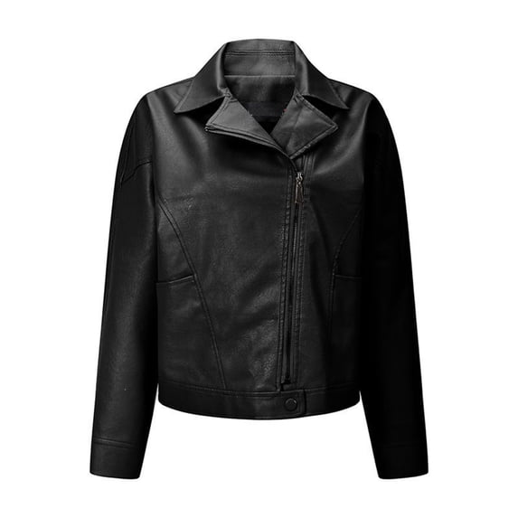 AXXD Women's Cropped Faux Leather Jacket Asymmetrical Zip Moto Biker Jacket Long Sleeve Casual Outerwear