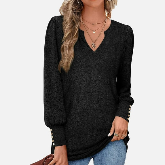 AXXD Women's Fashion Hoodies & Sweatshirts Black Basic Summer 2024 Trendy Long Sleeve Solid Color Comfortable Breathable V-Neck Shirt Tops