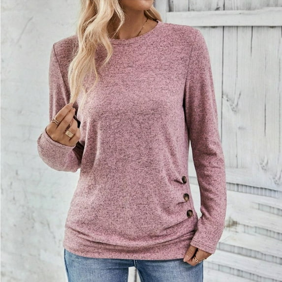 AXXD Women's Fashion Hoodies & Sweatshirts Pink Basic Summer 2024 Loose Trendy Button Round-Neck Long Sleeve Casual T-shirt Top Solid Blouse