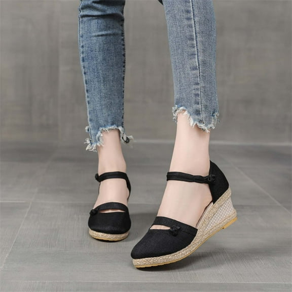 AXXD Women's Sandals Black Wedge Summer Plus-size Clasp Solid Color Straw Woven Linen Wedge Sandals Mothers Day