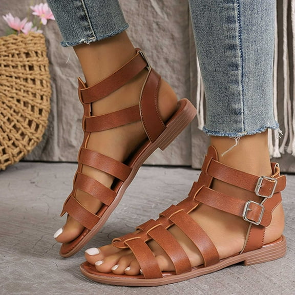 AXXD Women's Sandals Comfortable Brown Flat Summer Trendy Buckle Mothers Day