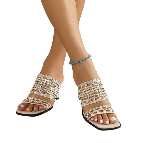 AXXD Women's Sandals Dressy Summer Beige High Heel Hollow Out Sandals Exposed Rectangular Toes Wearing Mothers Day