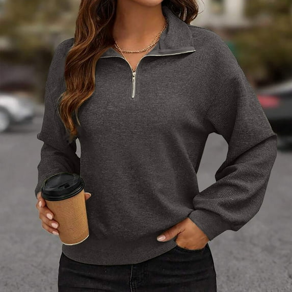 AXXD Women's Shirts Basic Summer 2024 Trendy Casual Solid Color Long Sleeved V-neck Zipper Pullover Long Sleeved V-neck Top Long Sleeved V-neck Top/Shirt