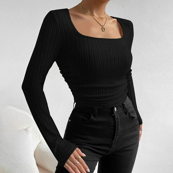 AXXD Women's Shirts Black Basic Summer 2024 Trendy Button Round-Neck Long Sleeve Casual T-shirt Top Solid Blouse