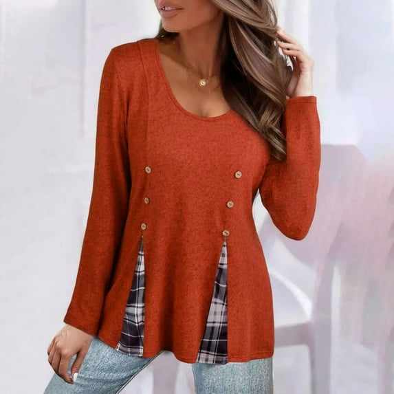 AXXD Women's Sweatshirts Basic Summer 2024 Casual Round Neck Solid Color Plaid Long Sleeve Knitted Button Tops