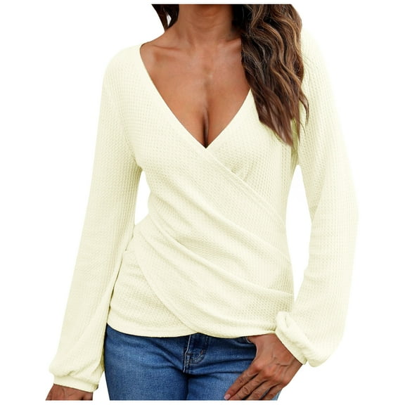 AXXD Women's Sweatshirts Basic Summer 2024 Loose Trendy Button V-Neck Long Sleeve Casual T-shirt Top Solid Blouse
