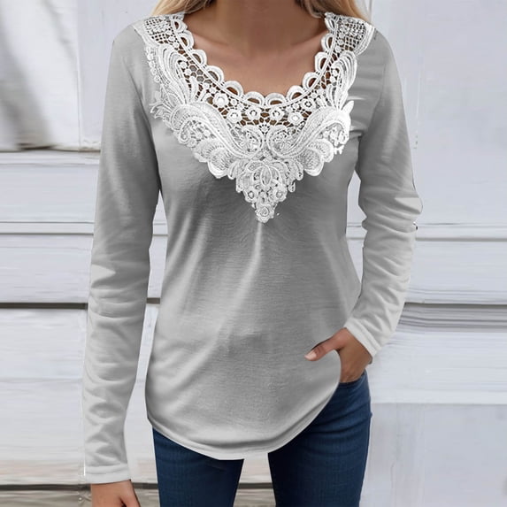AXXD Women's Sweatshirts Gray Basic Summer 2024 Lace Solid Color Pullover V-Neck Long Sleeve T-Shirt Top