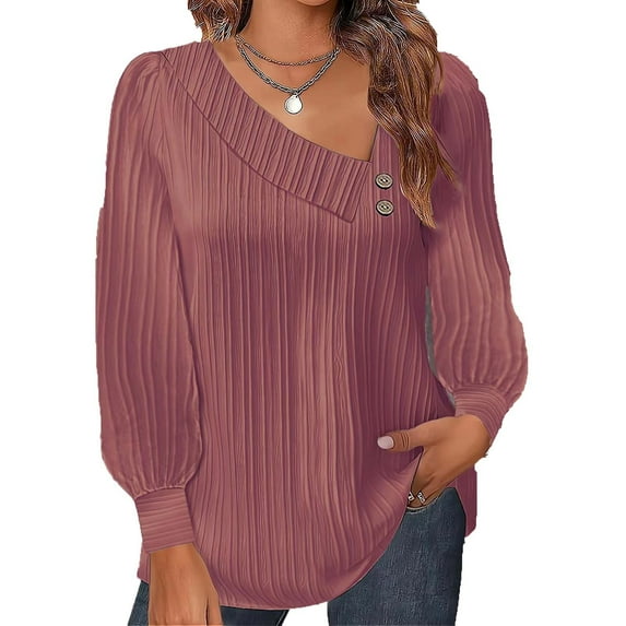 AXXD Women's Sweatshirts Pink Basic Summer 2024 Casual Shirt Solid Long Sleeve Solid V-Neck BUttons Pullover Blouse Tops