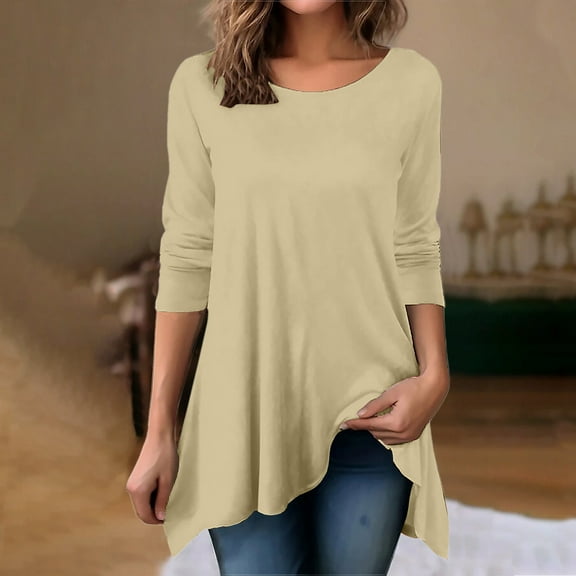 AXXD Women's T-Shirts Tunic Basic Summer 2024 Casual Full Long Sleeve Casual Loose Tunic Tops Crewneck Sweatshirts
