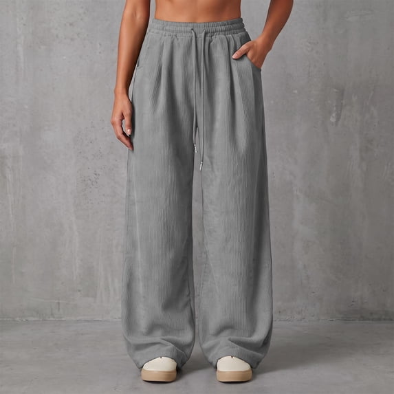 AXXD Women's Wide Leg Casual Pants Corduroy Drawstring Elastic Waist Loose Everyday Trousers