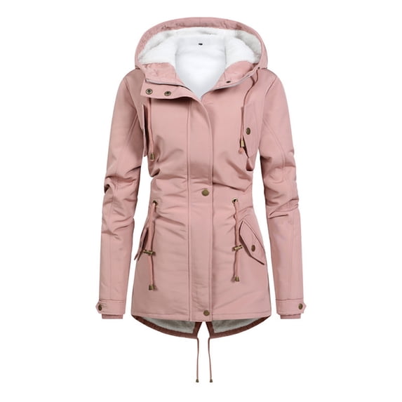 AXXD Women's Winter Coats Hood Solid Color Long Sleeve Warm Plus Size Velvet Sleeve Jacket Pink Size XL(US:10)