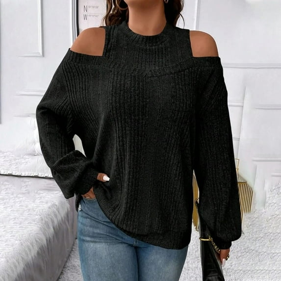 AXXD Womens Athletic Tops Black Basic Summer 2024 Loose Trendy Off Shoulder Round Neck Pullover Long Sleeve Comfortable Shirt