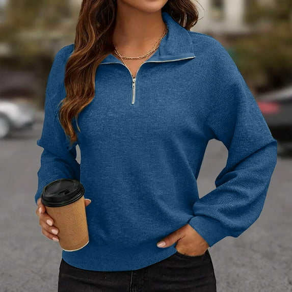 AXXD Womens Athletic Tops Blue Basic Summer 2024 Trendy Casual Solid Color Long Sleeved V-neck Zipper Pullover Long Sleeved V-neck Top Long Sleeved V-neck Top/Shirt