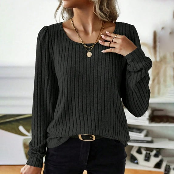 AXXD Womens Blouse Black Basic Summer 2024 Loose Trendy Button Round-Neck Long Sleeve Casual T-shirt Top Solid Blouse
