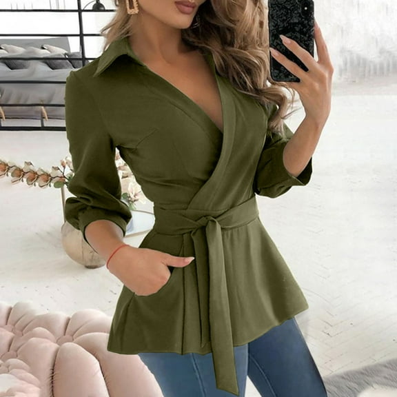 AXXD Womens Blouses Basic Summer 2024 Casual Silim Shirt Long Sleeve Solid Bandage V-Neck Polluer Blouse Tops With Pocket
