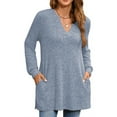 thumbnail image 1 of AXXD Womens Blouses Blue Basic Summer 2024 Loose Casual Solid V-neck Side Slit With Pockets Long Sleeved Top, 1 of 9