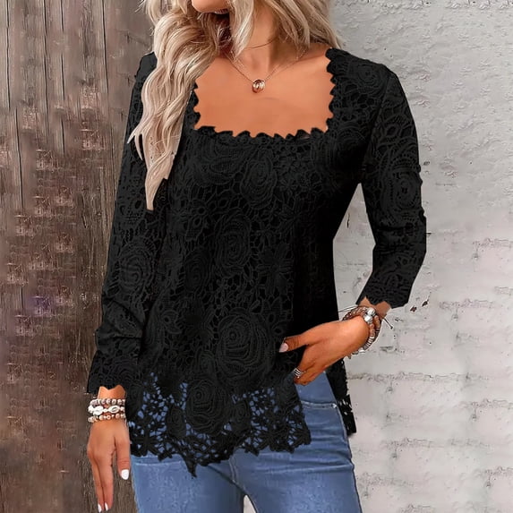 AXXD Womens Blouses Dressy Casual Black Basic Summer 2024 Casual Solid Color Neck Long Sleeved T-shirt Top