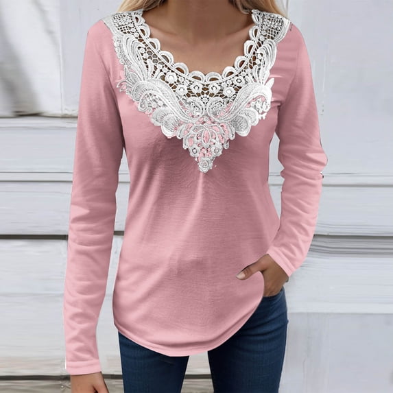 AXXD Womens Blouses Dressy Casual Pink Basic Summer 2024 Lace Solid Color Pullover V-Neck Long Sleeve T-Shirt Top