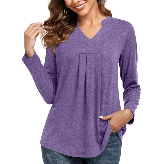 AXXD Womens Blouses Dressy Casual Purple Basic 2024 Summer Trendy Casual Solid Color V Neck Loose T-shirt Long SleevedTops Blouse Pullover