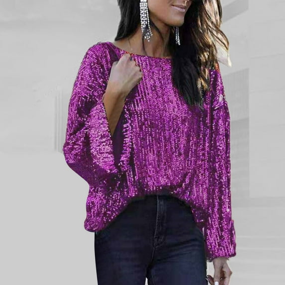 AXXD Womens Blouses Dressy Casual Purple Basic Summer 2024 Sequin Trendy Loose T-shirt Sleeves Blouse Round Neck Casual Tops