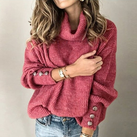 AXXD Womens Blouses Dressy Casual Red Basic Summer 2024 Turtle Necks Long Sleeve Stitching Top Casual Loose Knitted Sweaters Blouse